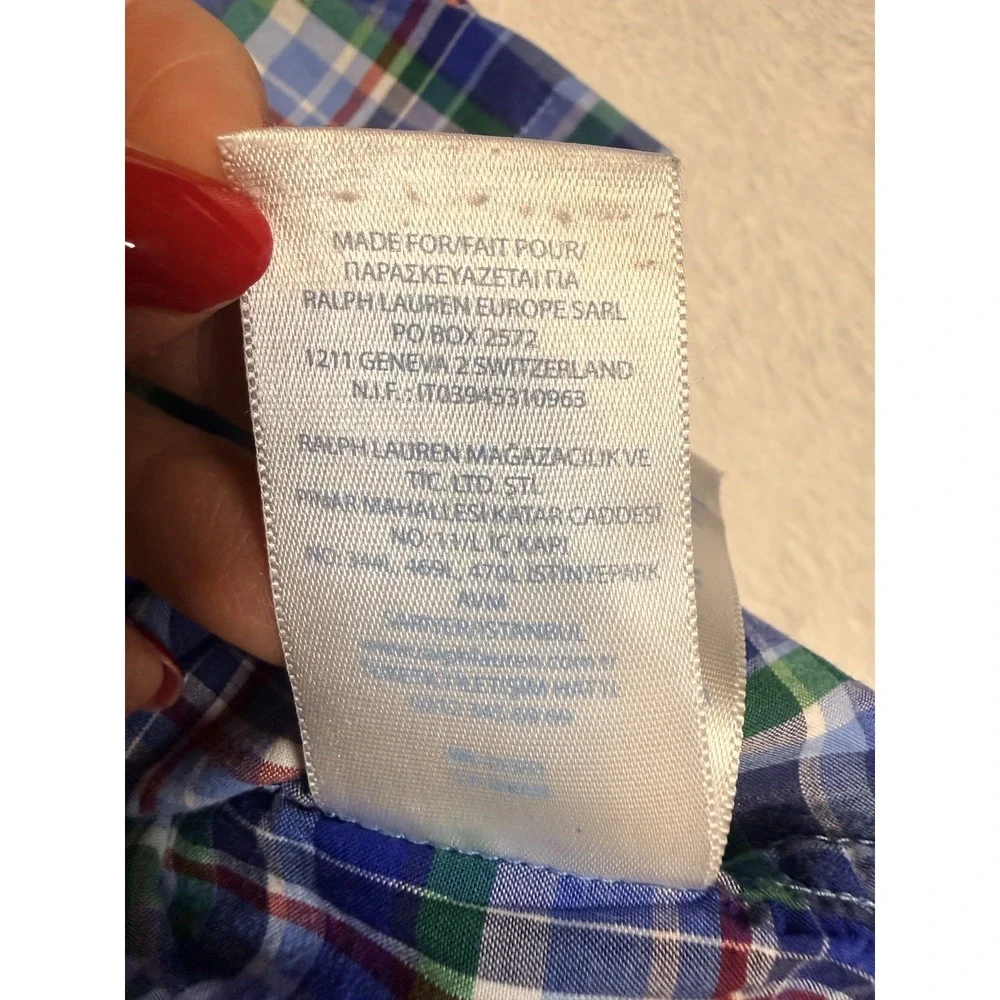 Ralph Lauren Shirt Button Up Short Sleeve Blue Green Plaid  Blue Pony  12 Months